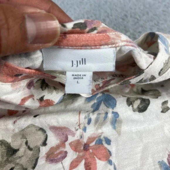 J. Jill Floral Long Sleeve Top Cream Coral Blue Cotton Blend Size L - Picture 2 of 9